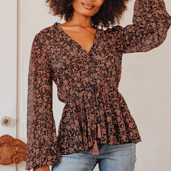 Lulus She's the Sweetest Black Floral Print Long Sleeve Top - Size Small - Sheer - Picture 1 of 7